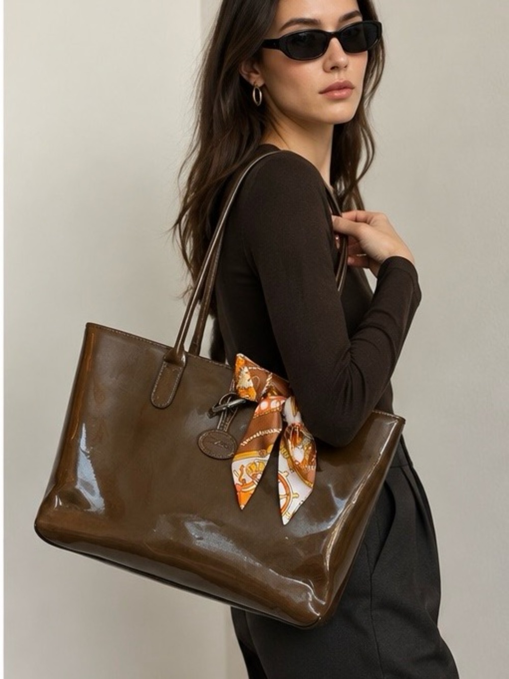Longchamp Roseau Brown Patent Leather Tote
